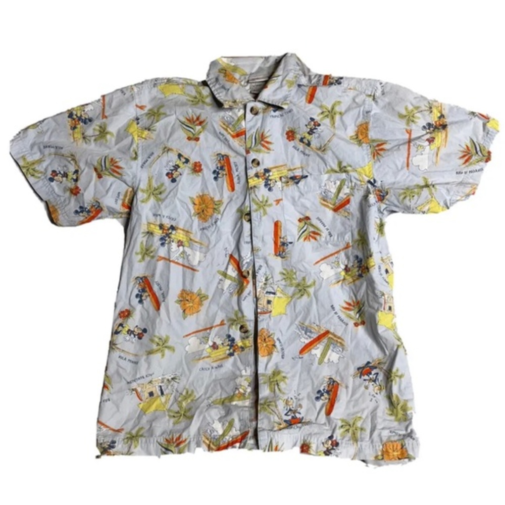 Disney Mickey Mouse Button Up  Shirt Size small Blue with palm trees and Mickey
